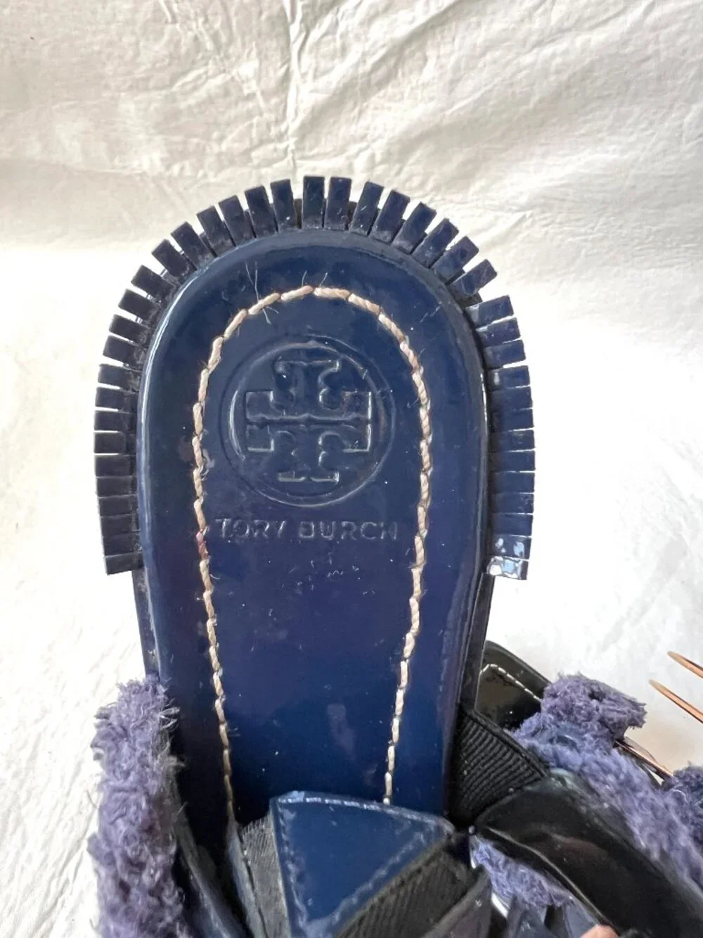 Tory Burch sandals blue patent leather womens 7.5 flat slingback Freya fringe